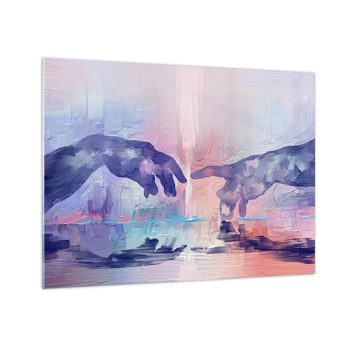 Glasbild - Bild auf glas - Abstrakte Hände nähern sich einander vor einem pastellfarbenen Hintergrund. - 70x50cm - Göttlicher Funke des Lebens - Moderne Wanddekoration für Wohnzimmer und Schlafzimmer ARTTOR