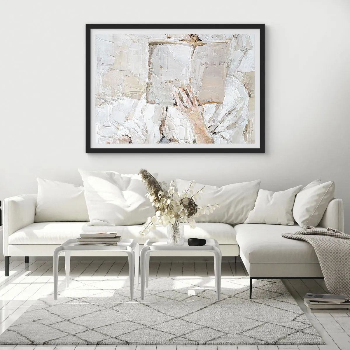 Poster in einem schwarzem Rahmen - Ein impressionistisches Gemälde einer Hand, die ein offenes Buch hält. - 100x70cm - In einer anderen Welt - Moderne Wanddekoration für Wohnzimmer und Schlafzimmer ARTTOR