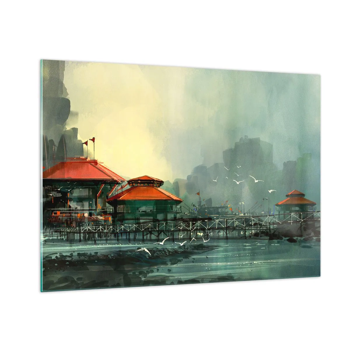 Glasbild - Bild auf glas - Hafengebäude mit roten Dächern im Nebel - 100x70cm - Ein sonniger Tag im Hafen - Moderne Wanddekoration für Wohnzimmer und Schlafzimmer ARTTOR