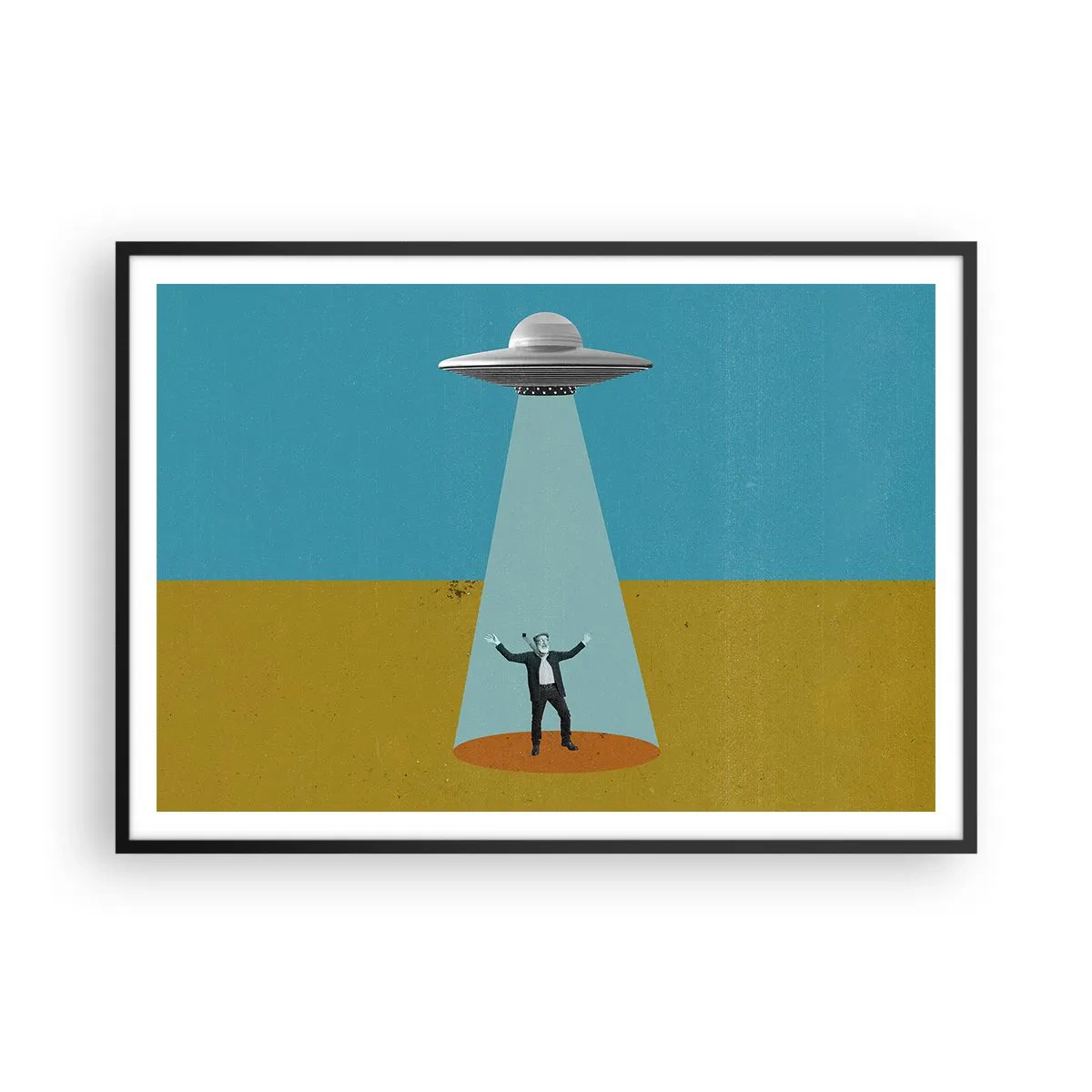 Poster in einem schwarzem Rahmen - Ein Mann im Licht eines UFOs vor dem Hintergrund einer farbenfrohen Landschaft - 100x70cm - Nahe Begegnung - Moderne Wanddekoration für Wohnzimmer und Schlafzimmer ARTTOR