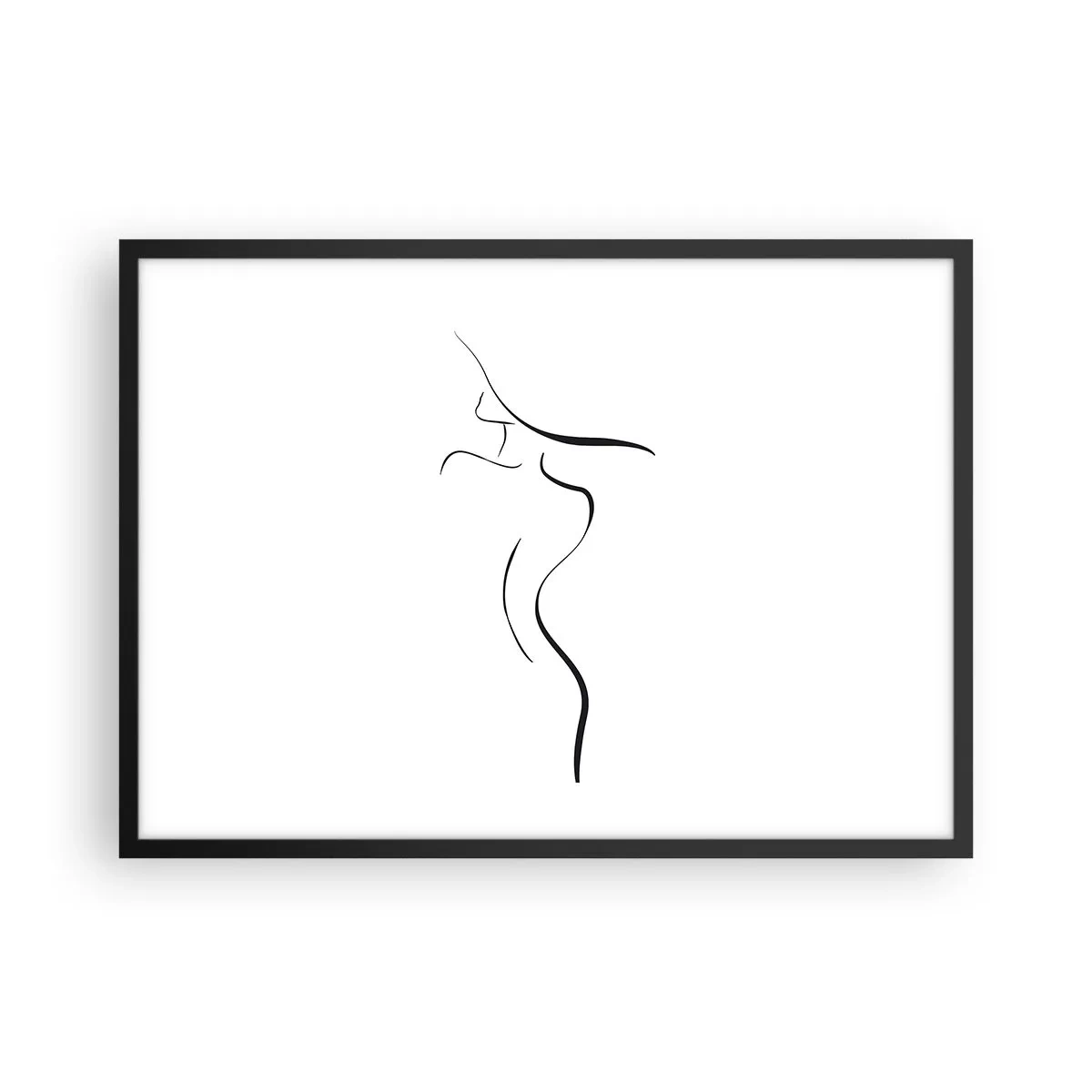 Poster in einem schwarzem Rahmen - Minimalistischer Umriss einer weiblichen Silhouette auf weißem Hintergrund - 70x50cm - Flüchtig wie eine Welle - Moderne Wanddekoration für Wohnzimmer und Schlafzimmer ARTTOR