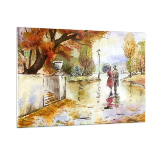 Glasbild - Bild auf glas - Herbstspaziergang eines Paares durch einen Park mit bunten Blättern - 120x80cm - Romantischer Herbst im Park - Moderne Wanddekoration für Wohnzimmer und Schlafzimmer ARTTOR