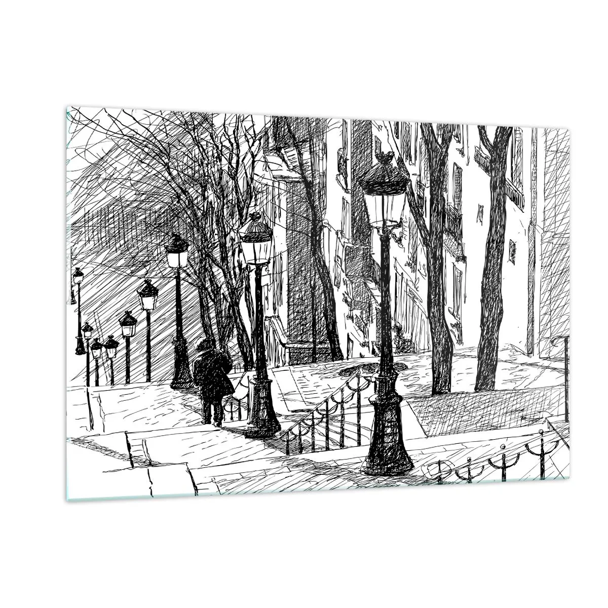 Glasbild - Bild auf glas - Schwarz-Weiß-Zeichnung einer Stadtstraße mit Laternen - 120x80cm - Liebesgeschichte oder Horrorgeschichte? - Moderne Wanddekoration für Wohnzimmer und Schlafzimmer ARTTOR