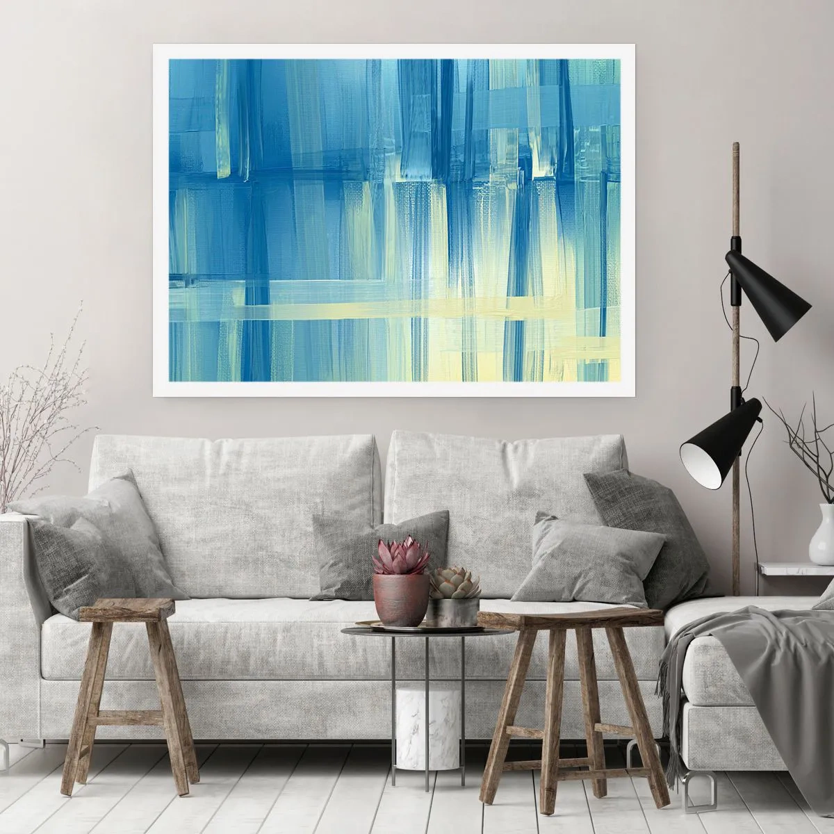 Poster - Ein abstraktes Gemälde in Türkis- und Blautönen mit geometrischen Pinselstrichen. - 100x70cm - Komposition in Türkis - Moderne Wanddekoration für Wohnzimmer und Schlafzimmer ARTTOR