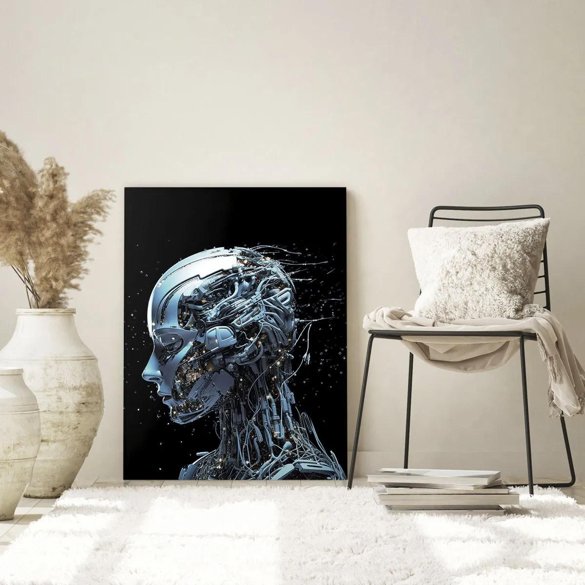 Glasbild - Bild auf glas - Futuristisches Porträt eines Cyborgs im Industriestil auf schwarzem Hintergrund. - 70x100cm - Technologie ist eine Frau - Moderne Wanddekoration für Wohnzimmer und Schlafzimmer ARTTOR