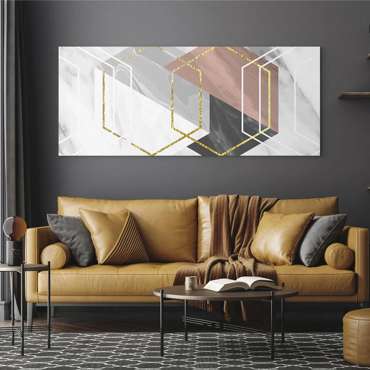Glasbild - Bild auf glas - Geometrische Figuren mit Gold- und Marmorakzenten - 140x50cm - Kettenkomposition - Moderne Wanddekoration für Wohnzimmer und Schlafzimmer ARTTOR