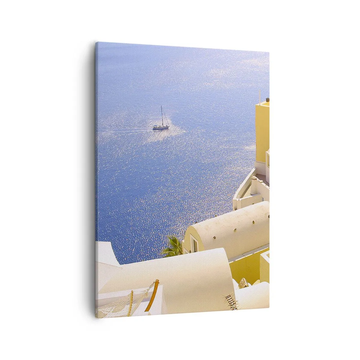 Bild auf Leinwand - Leinwandbild - Griechische Architektur mit Meerblick und einem Boot im Hintergrund - 50x70cm - Griechische Landschaft in Weiß und Blau - Moderne Wanddekoration für Wohnzimmer und Schlafzimmer ARTTOR