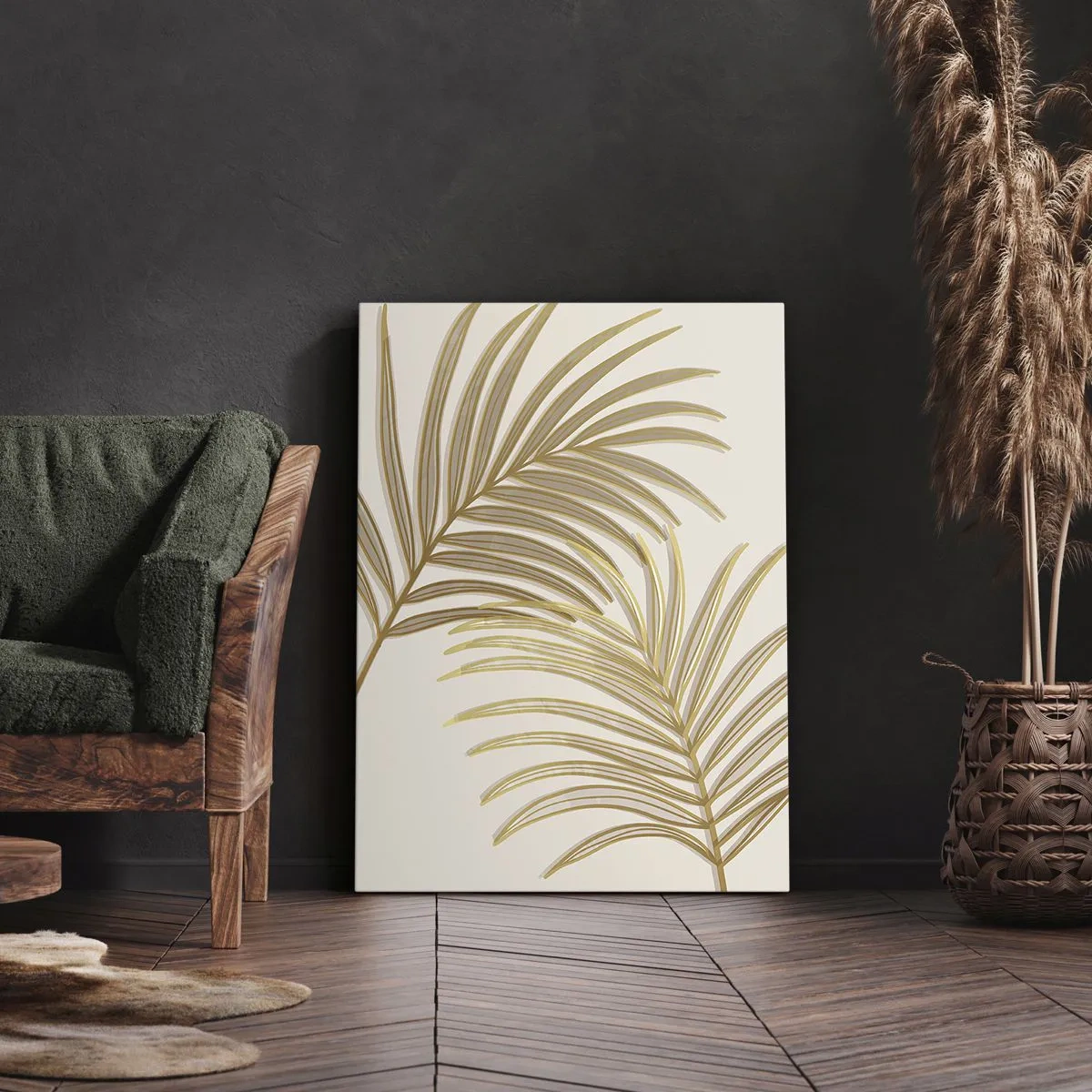 Bild auf Leinwand - Leinwandbild - Goldene Palmblätter auf hellem Hintergrund im minimalistischen Stil - 80x120cm - Goldene Palme! - Moderne Wanddekoration für Wohnzimmer und Schlafzimmer ARTTOR