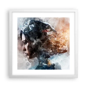 Poster in einem weißen Rahmen - Eine Geschichte über ein Mädchen mit einer Stadt im Hintergrund - 40x40 cm