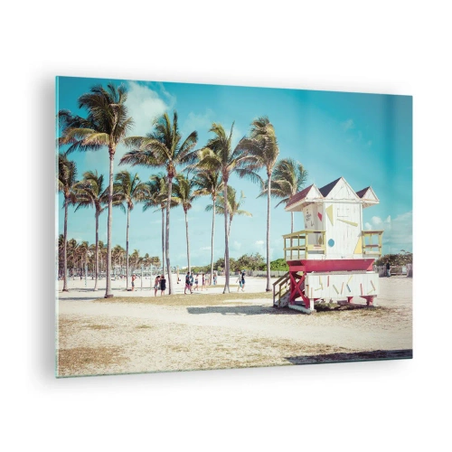 Glasbild - Bild auf glas - Ein Strand mit Palmen und einem Rettungsschwimmerturm an einem sonnigen Tag - 70x50cm - Dir steht ein schöner Tag bevor - Moderne Wanddekoration für Wohnzimmer und Schlafzimmer ARTTOR