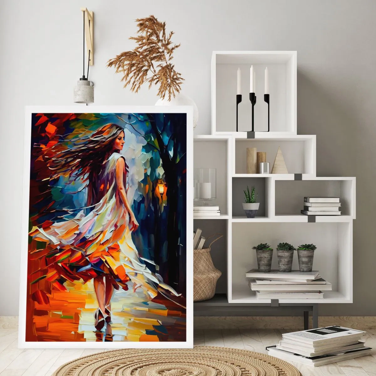 Poster - Eine Frau tanzt zwischen bunten Herbstblättern - 50x70cm - Herbstmädchen - Moderne Wanddekoration für Wohnzimmer und Schlafzimmer ARTTOR