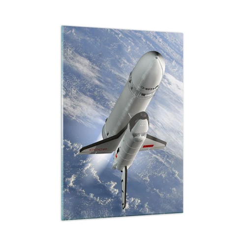 Glasbild - Bild auf glas - Ein Space Shuttle startet ins All, im Hintergrund die Erde. - 50x70cm - Kosmischer Aufstieg - Moderne Wanddekoration für Wohnzimmer und Schlafzimmer ARTTOR