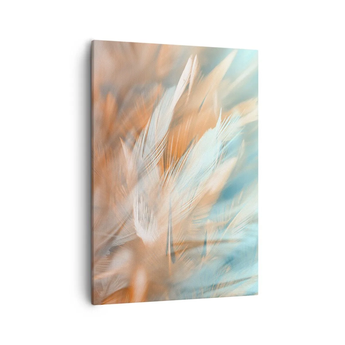 Bild auf Leinwand - Leinwandbild - Zarte Federn in Pastelltönen von Blau und Orange - 50x70cm - Im Land der Sanftmut - Moderne Wanddekoration für Wohnzimmer und Schlafzimmer ARTTOR