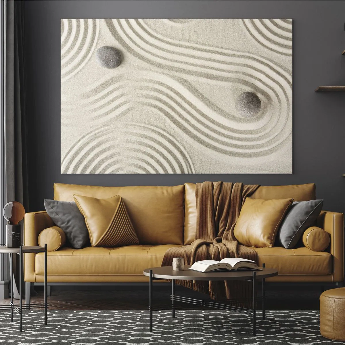 Glasbild - Bild auf glas - Minimalistischer Sand mit Steinen und geometrischen Mustern - 70x50cm - Ein Hauch von Wärme - Moderne Wanddekoration für Wohnzimmer und Schlafzimmer ARTTOR