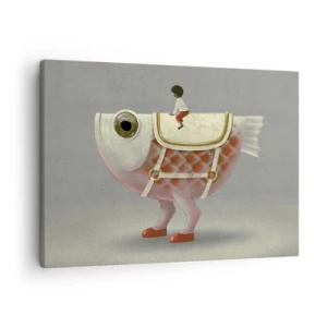 Bild auf Leinwand - Leinwandbild - Ein schicker Fischreiter mit Beinen und Sattel - 70x50cm - Reiter auf einem surrealen Fisch - Moderne Wanddekoration für Wohnzimmer und Schlafzimmer ARTTOR