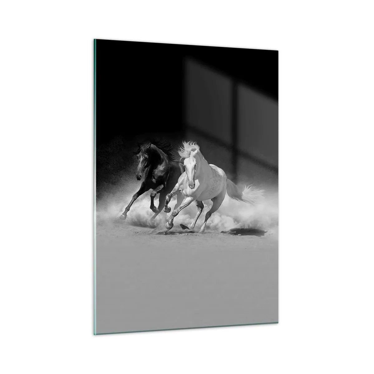Glasbild - Bild auf glas - Laufende Pferde in Schwarz und Weiß - 50x70cm - Galopp der Freiheit - Moderne Wanddekoration für Wohnzimmer und Schlafzimmer ARTTOR