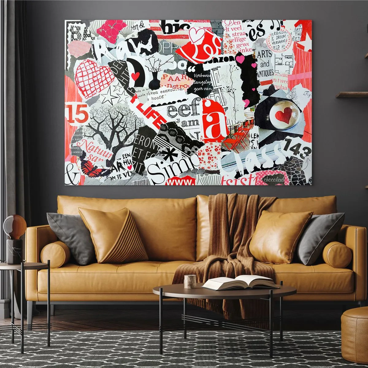 Glasbild - Bild auf glas - Eine Collage aus Buchstaben, Herzen und Bäumen im künstlerischen Stil. - 70x50cm - Hipster-Collage - Moderne Wanddekoration für Wohnzimmer und Schlafzimmer ARTTOR
