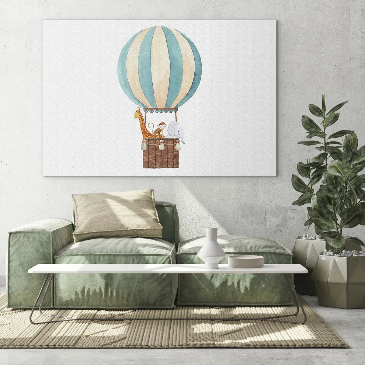 Glasbild - Bild auf glas - Ein Ballon mit einer Giraffe, einem Affen und einem Elefanten auf weißem Hintergrund - 70x50cm - Fantastische Reise - Moderne Wanddekoration für Wohnzimmer und Schlafzimmer ARTTOR
