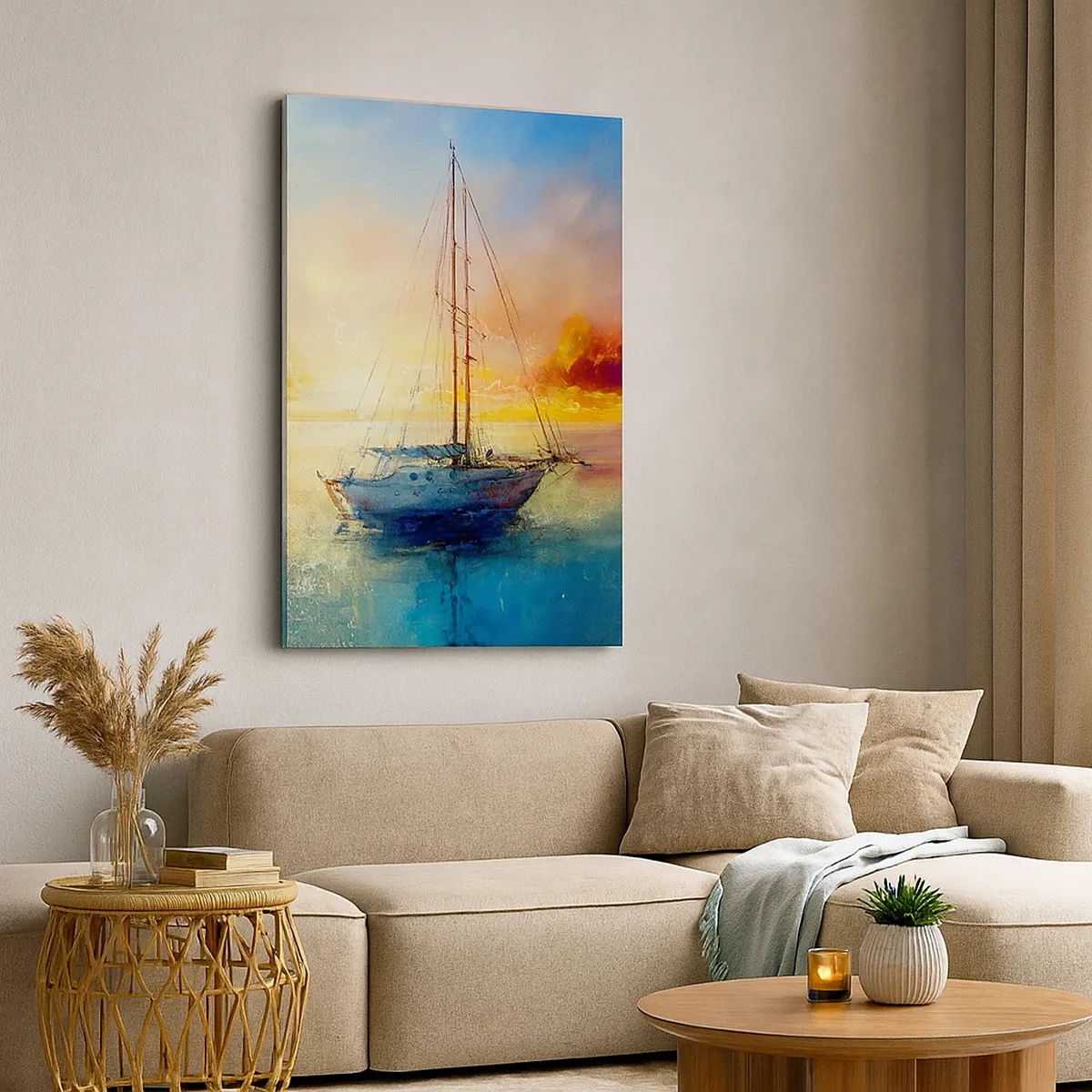 Bild auf Leinwand - Leinwandbild - Eine Yacht auf ruhigem Meer bei Sonnenuntergang - 50x70cm - In einer goldenen Bucht - Moderne Wanddekoration für Wohnzimmer und Schlafzimmer ARTTOR
