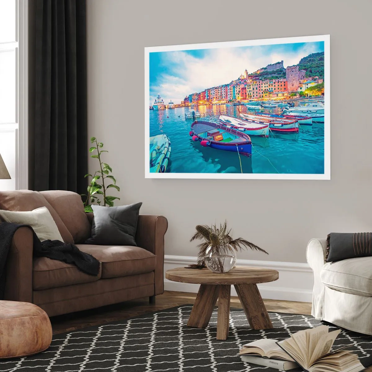 Poster - Eine bunte Stadt am Wasser mit Booten im Hafen - 100x70cm - Bunter Abend im Hafen - Moderne Wanddekoration für Wohnzimmer und Schlafzimmer ARTTOR