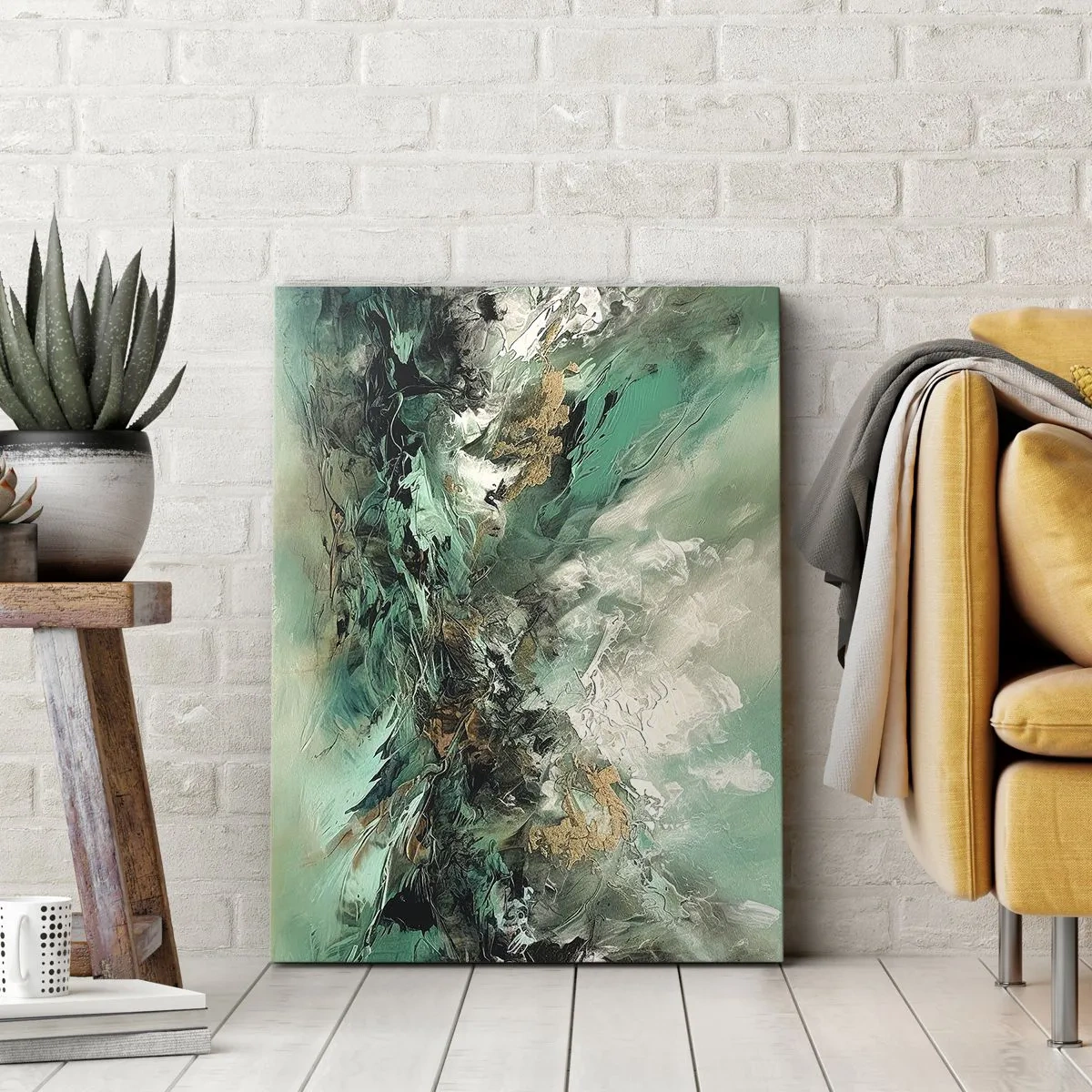 Bild auf Leinwand - Leinwandbild - Abstrakte Landschaft in Grün- und Goldtönen - 50x70cm - Smaragdgrüne und schwarze Brandung - Moderne Wanddekoration für Wohnzimmer und Schlafzimmer ARTTOR