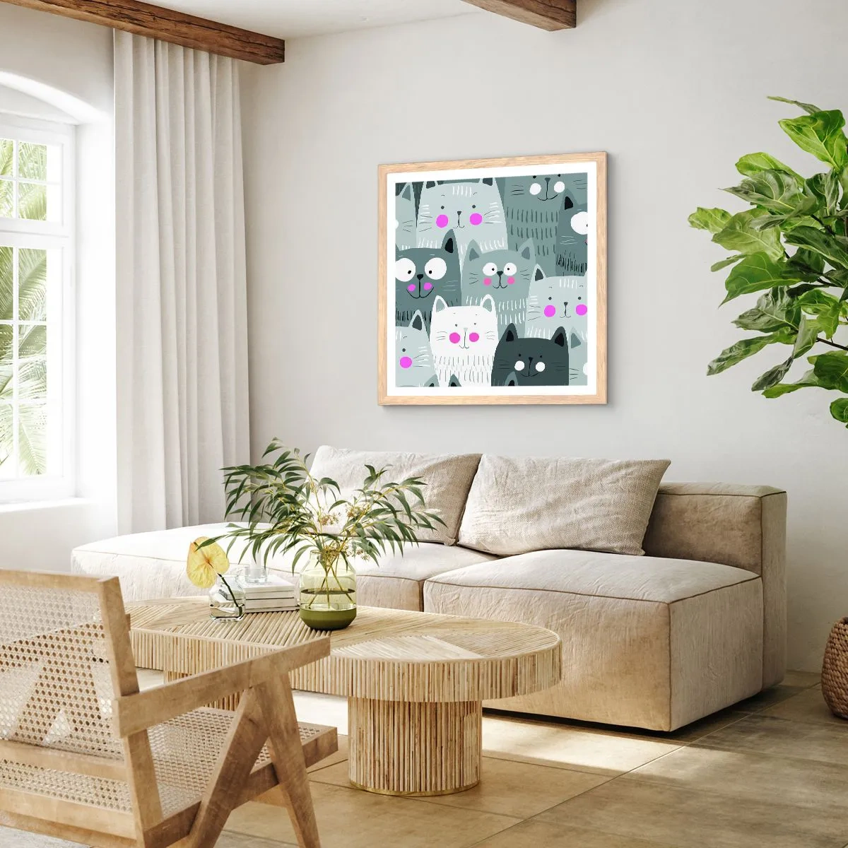 Poster in einem Rahmen aus heller Eiche - Katzenwelt - 50x50 cm