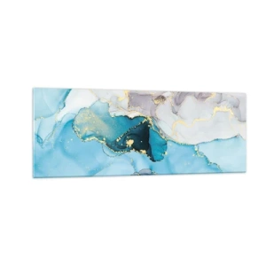 Glasbild - Bild auf glas - Abstraktion in Blau- und Goldtönen mit subtilen Linien - 140x50cm - Eine Studie über das Zusammentreffen von Grau und Türkis - Moderne Wanddekoration für Wohnzimmer und Schlafzimmer ARTTOR
