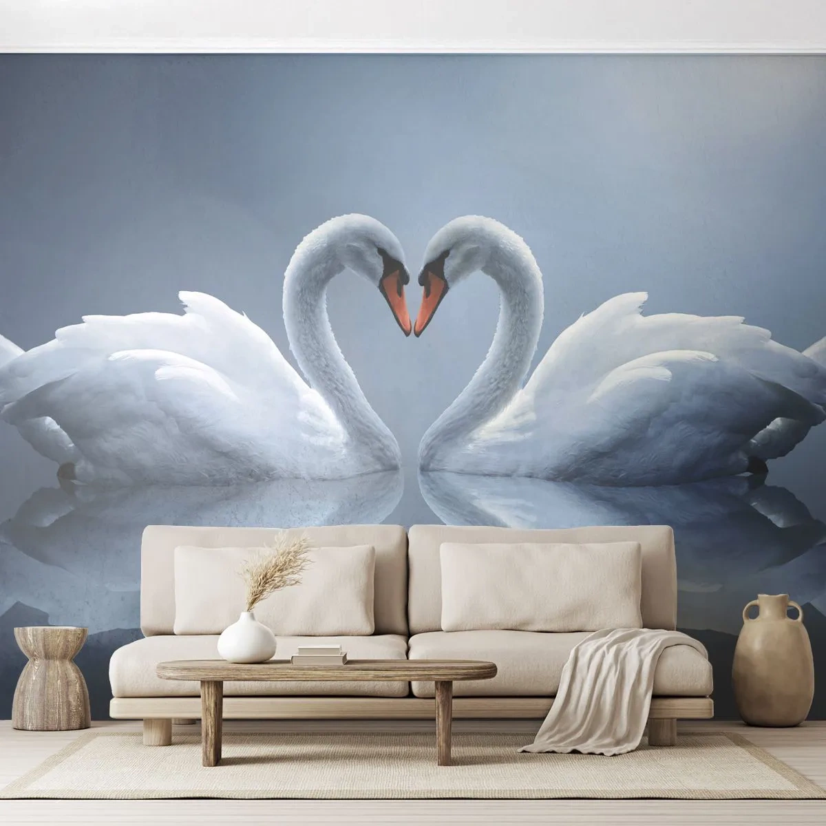 Fototapete Premium Sand - Zeit für die Liebe - Schwäne, Liebe, Herz - 100x70 cm