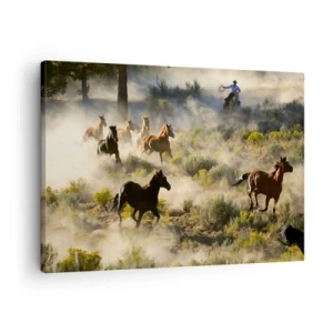Bild auf Leinwand - Leinwandbild - Eine Herde wilder Pferde galoppiert durch Staub und Vegetation - 70x50cm - Rivalität – Freiheit oder männliche Stärke? - Moderne Wanddekoration für Wohnzimmer und Schlafzimmer ARTTOR