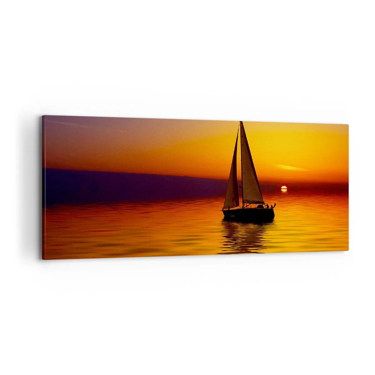 Bild auf Leinwand - Leinwandbild - Ein Segelboot auf ruhiger See bei Sonnenuntergang - 120x50cm - Wie ruhig es hier in der Abenddämmerung ist... - Moderne Wanddekoration für Wohnzimmer und Schlafzimmer ARTTOR