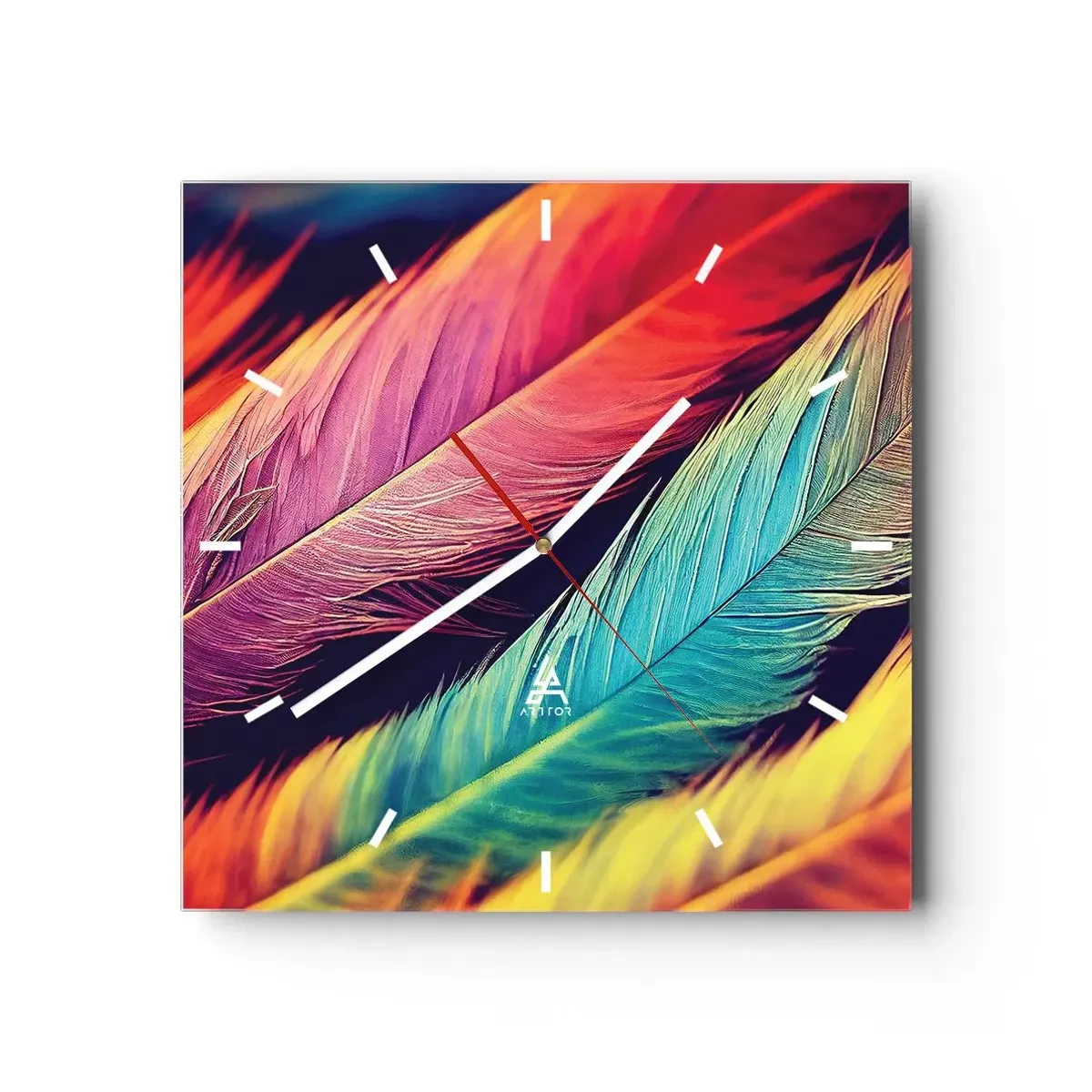 Wanduhr - Glasuhr - Bunte Federn in intensiven Farben - 30x30cm - Gefiederter Regenbogen - Moderne Wanddekoration für Wohnzimmer und Schlafzimmer ARTTOR