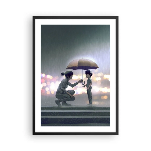 Poster in einem schwarzem Rahmen - Ein Erwachsener reicht einem Kind vor einem regnerischen Hintergrund einen Regenschirm - 50x70cm - Und jetzt ist alles in Ordnung - Moderne Wanddekoration für Wohnzimmer und Schlafzimmer ARTTOR