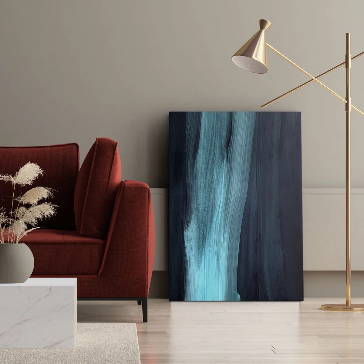 Bild auf Leinwand - Leinwandbild - Dezente abstrakte Wellen in dunklen Blautönen - 50x70cm - Gehen Sie mit dem Strom - Moderne Wanddekoration für Wohnzimmer und Schlafzimmer ARTTOR