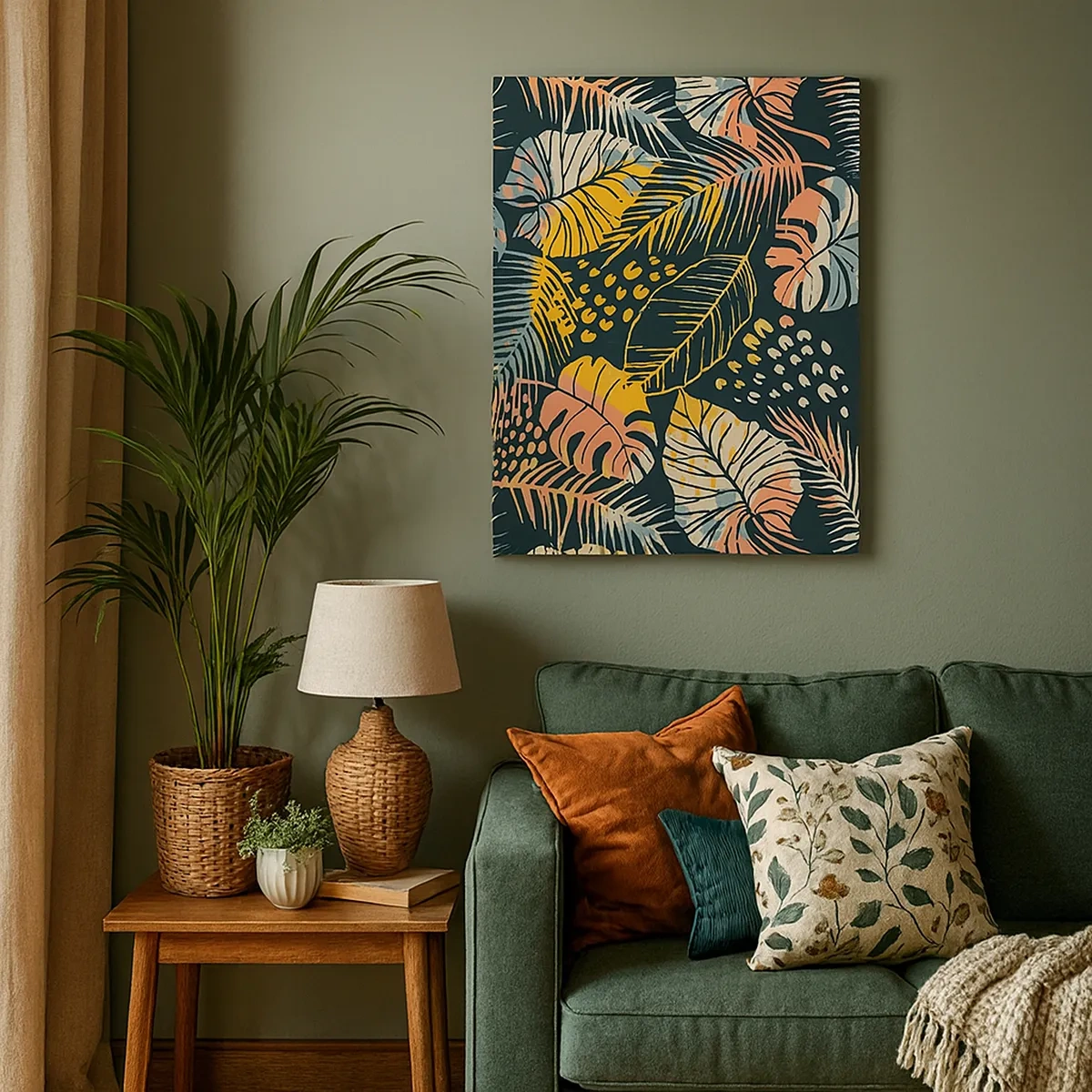 Bild auf Leinwand - Leinwandbild - Bunte Blätter auf dunklem Hintergrund - 50x70cm - Grüne Fantasie - Moderne Wanddekoration für Wohnzimmer und Schlafzimmer ARTTOR