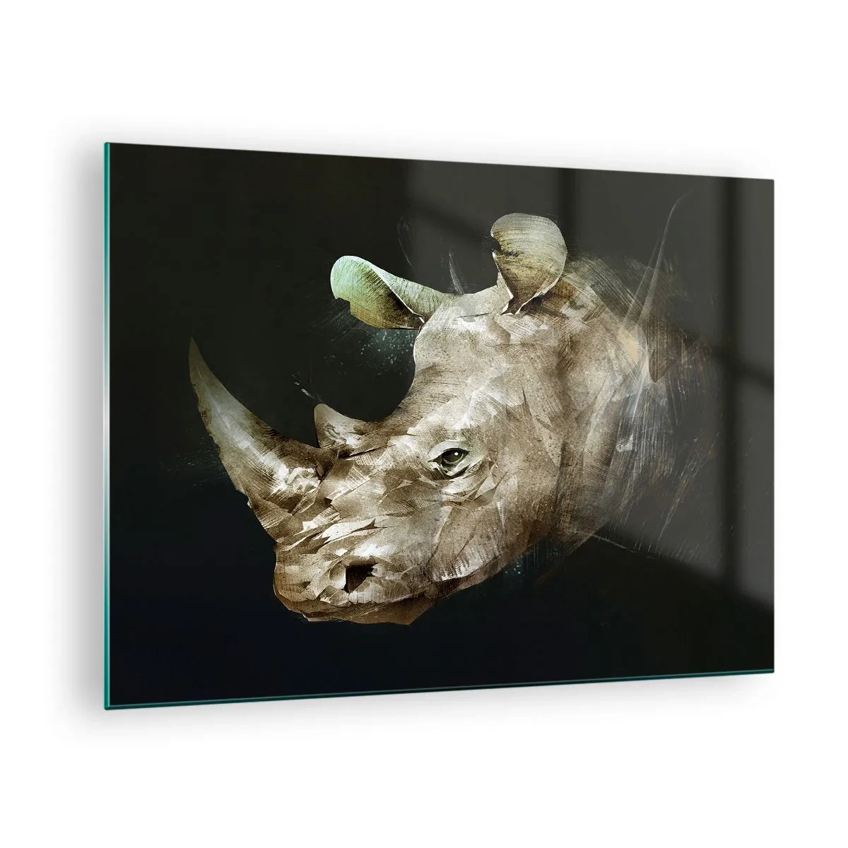 Glasbild - Bild auf glas - Künstlerische Darstellung eines Nashornkopfes vor dunklem Hintergrund - 70x50cm - Eine wahrhaft männliche Stärke - Moderne Wanddekoration für Wohnzimmer und Schlafzimmer ARTTOR