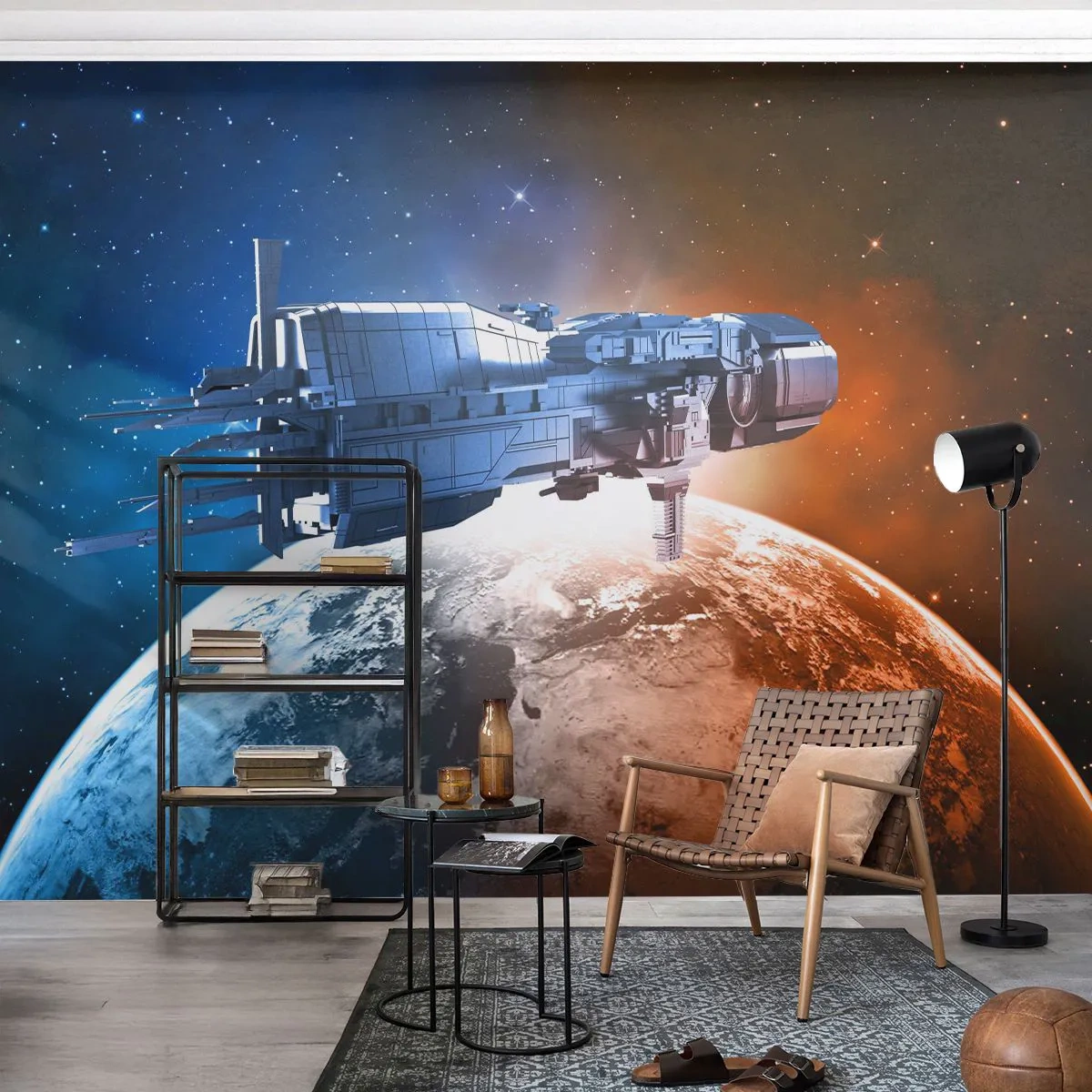 Fototapete Premium Sand - Ein Raumschiff im Weltraum über dem Planeten - 100x70cm - Ein aufmerksamer Beobachter - Moderne Wanddekoration für Wohnzimmer und Schlafzimmer ARTTOR