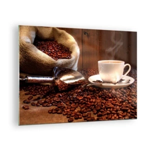 Glasbild - Bild auf glas - Eine Tasse Kaffee vor einem Hintergrund aus Bohnen und einem Jutebeutel - 70x50cm - Fühlst du diesen Geruch? - Moderne Wanddekoration für Wohnzimmer und Schlafzimmer ARTTOR