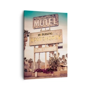 Bild auf Leinwand - Leinwandbild - Retro-Motelschild, umgeben von Palmen - 50x70cm - Hier ist die Zeit stehen geblieben - Moderne Wanddekoration für Wohnzimmer und Schlafzimmer ARTTOR