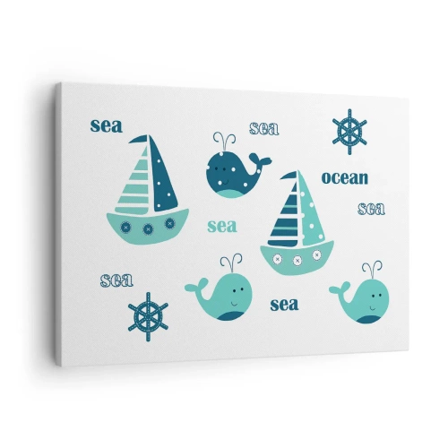 Bild auf Leinwand - Leinwandbild - Bezaubernde nautische Motive mit Walen und Segelbooten - 70x50cm - Über die Meere und Ozeane - Moderne Wanddekoration für Wohnzimmer und Schlafzimmer ARTTOR