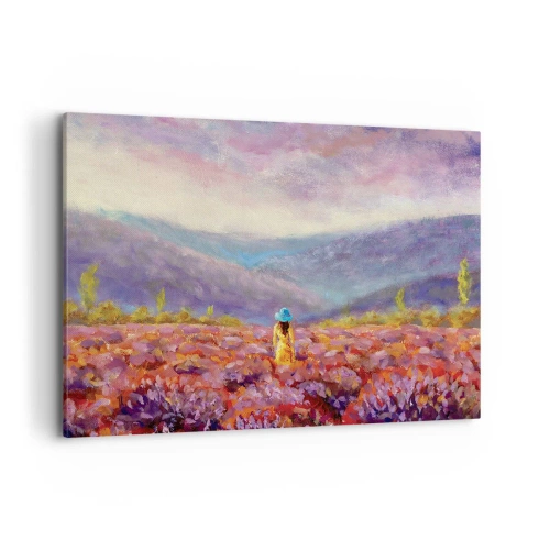 Bild auf Leinwand - Leinwandbild - Eine Frau mit Hut geht durch ein Lavendelfeld. - 100x70cm - In einer Lavendelwelt - Moderne Wanddekoration für Wohnzimmer und Schlafzimmer ARTTOR