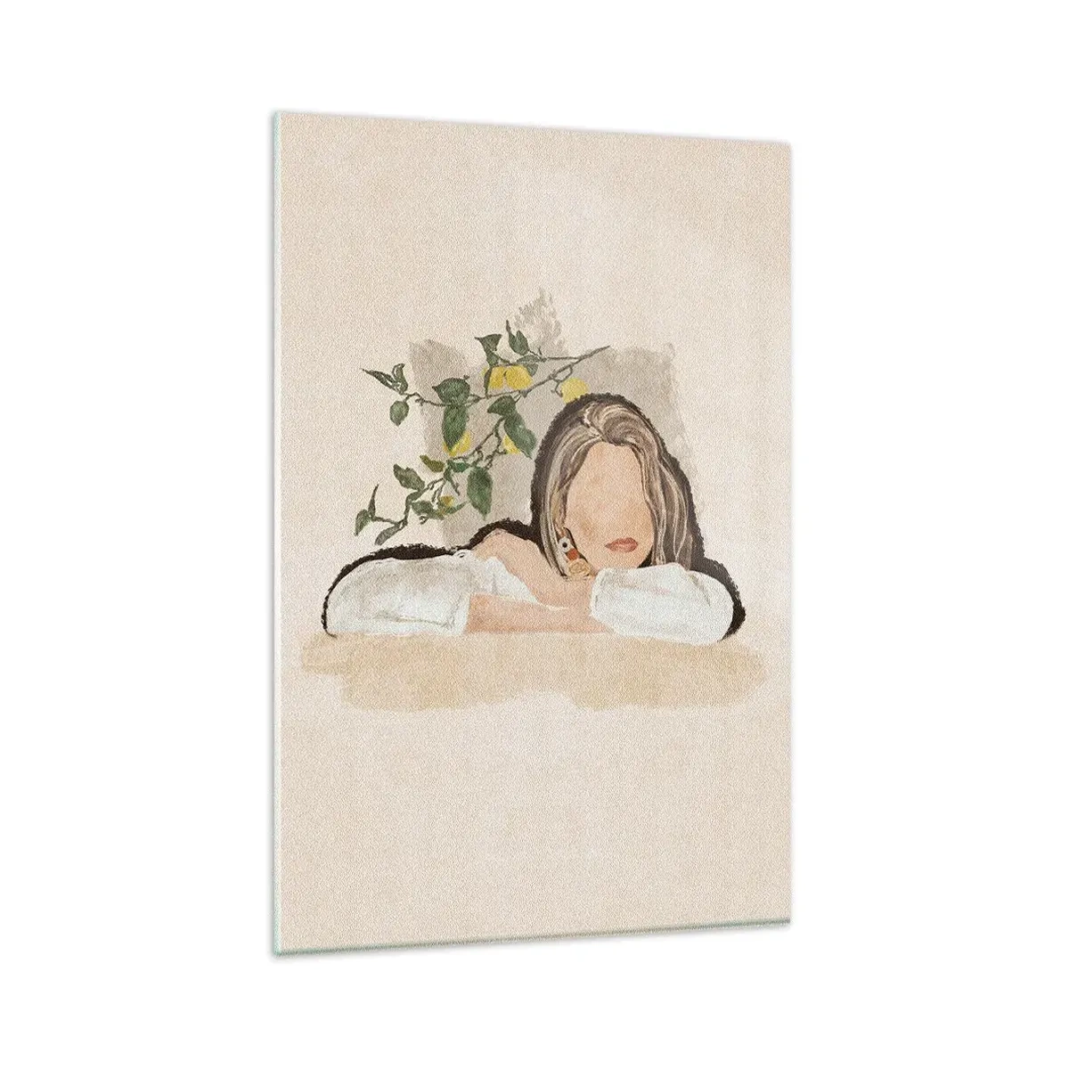 Glasbild - Bild auf glas - Die Figur einer Frau vor dem Hintergrund eines Zitronenbaums - 80x120cm - Südländische Schönheit - Moderne Wanddekoration für Wohnzimmer und Schlafzimmer ARTTOR