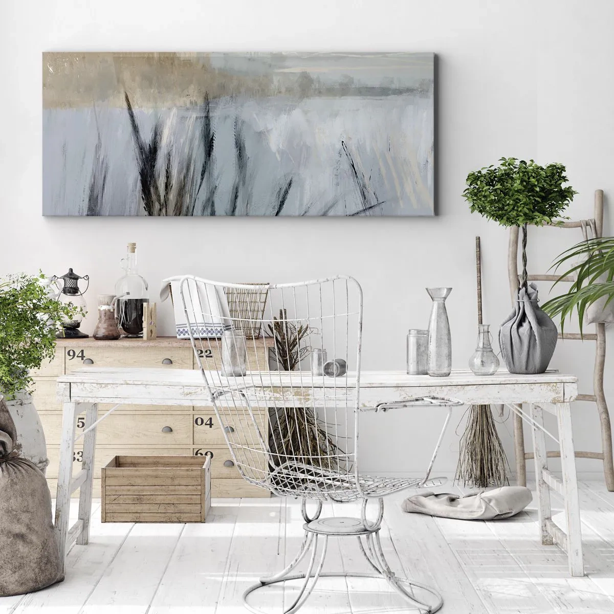 Bild auf Leinwand - Leinwandbild - Eine malerische Winterlandschaft mit Feldern und Gräsern - 120x50cm - Winterfelder - Moderne Wanddekoration für Wohnzimmer und Schlafzimmer ARTTOR