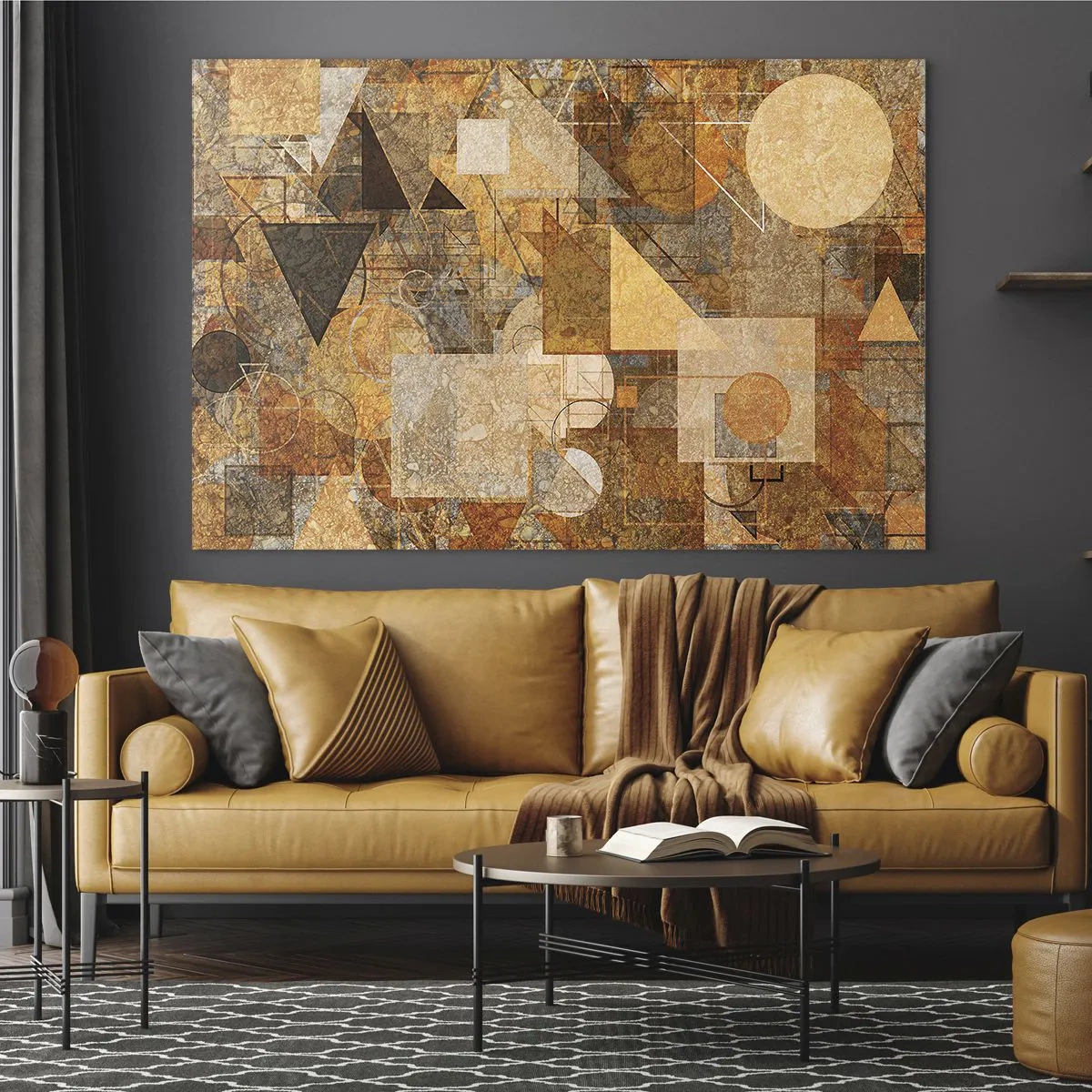 Glasbild - Bild auf glas - Abstrakte geometrische Muster in warmen Farben - 100x70cm - Eine kubistische Studie aus Bronze - Moderne Wanddekoration für Wohnzimmer und Schlafzimmer ARTTOR