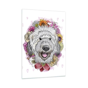 Glasbild - Bild auf glas - Illustration eines Hundes, umgeben von Blumen - 50x70cm - Welpenfreude - Moderne Wanddekoration für Wohnzimmer und Schlafzimmer ARTTOR