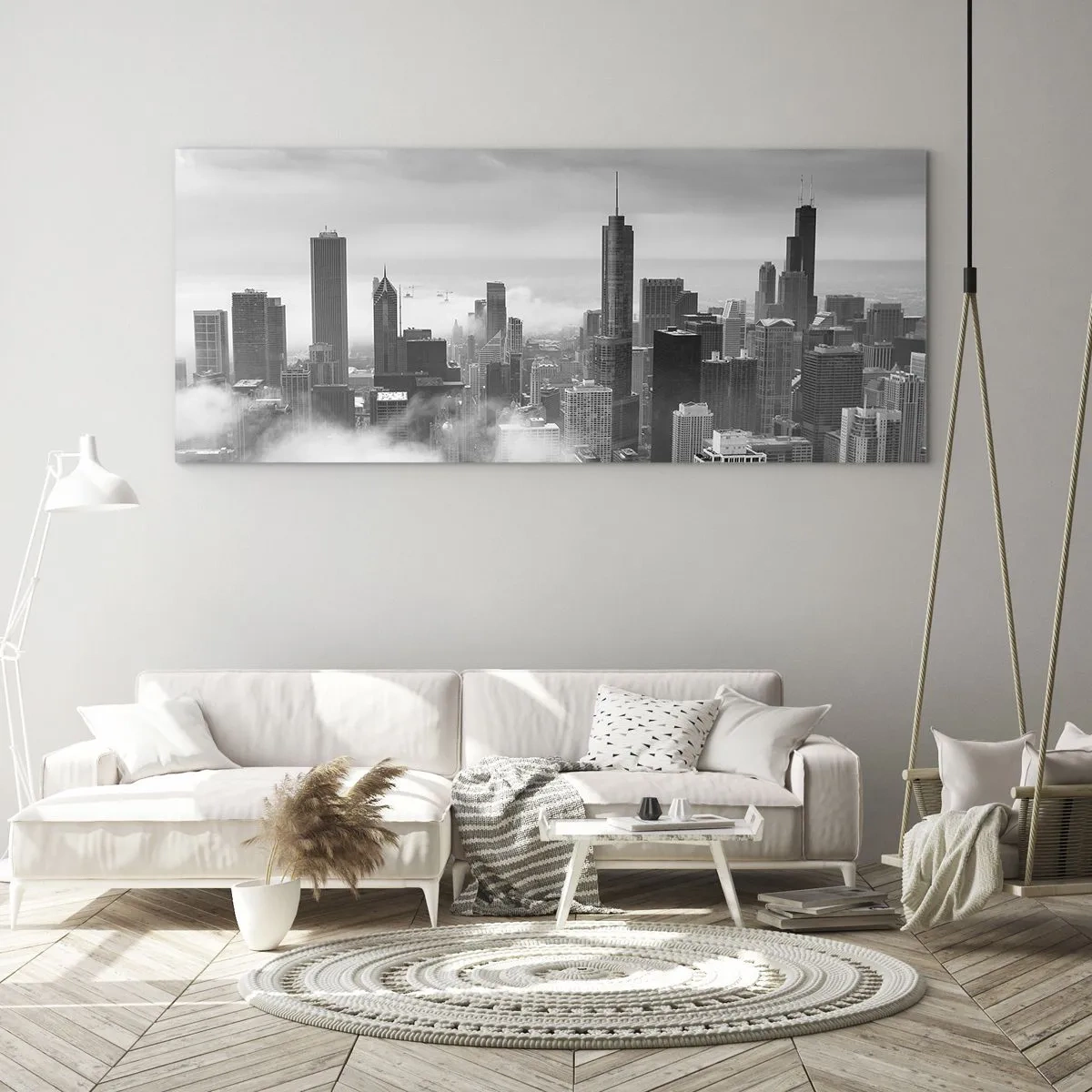 Glasbild - Bild auf glas - Stadtpanorama mit Wolkenkratzern in den Wolken in Schwarzweiß - 160x50cm - Amerikanische Landschaft - Moderne Wanddekoration für Wohnzimmer und Schlafzimmer ARTTOR
