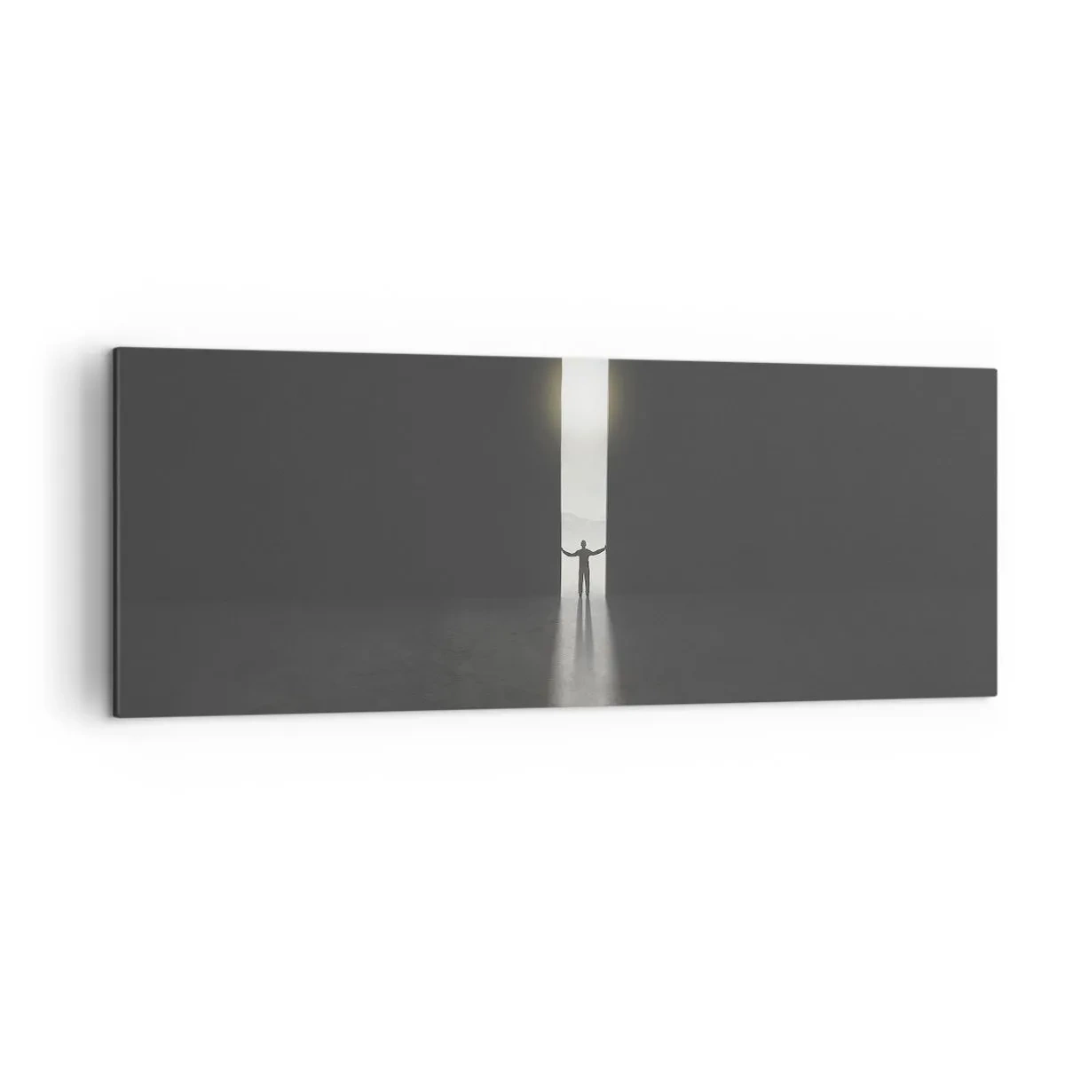 Bild auf Leinwand - Leinwandbild - Ein Mann steht im Licht eines schmalen Schlitzes in einem dunklen Raum - 140x50cm - Ein Schritt in eine strahlende Zukunft - Moderne Wanddekoration für Wohnzimmer und Schlafzimmer ARTTOR