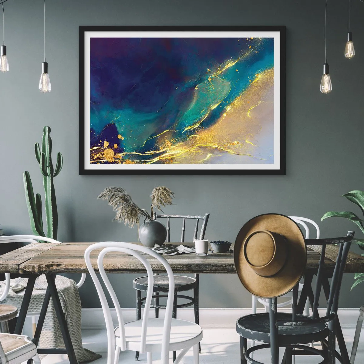 Poster in einem schwarzem Rahmen - Abstrakte Komposition in Blau- und Goldtönen auf Leinwand - 70x50cm - Der goldene Teich - Moderne Wanddekoration für Wohnzimmer und Schlafzimmer ARTTOR