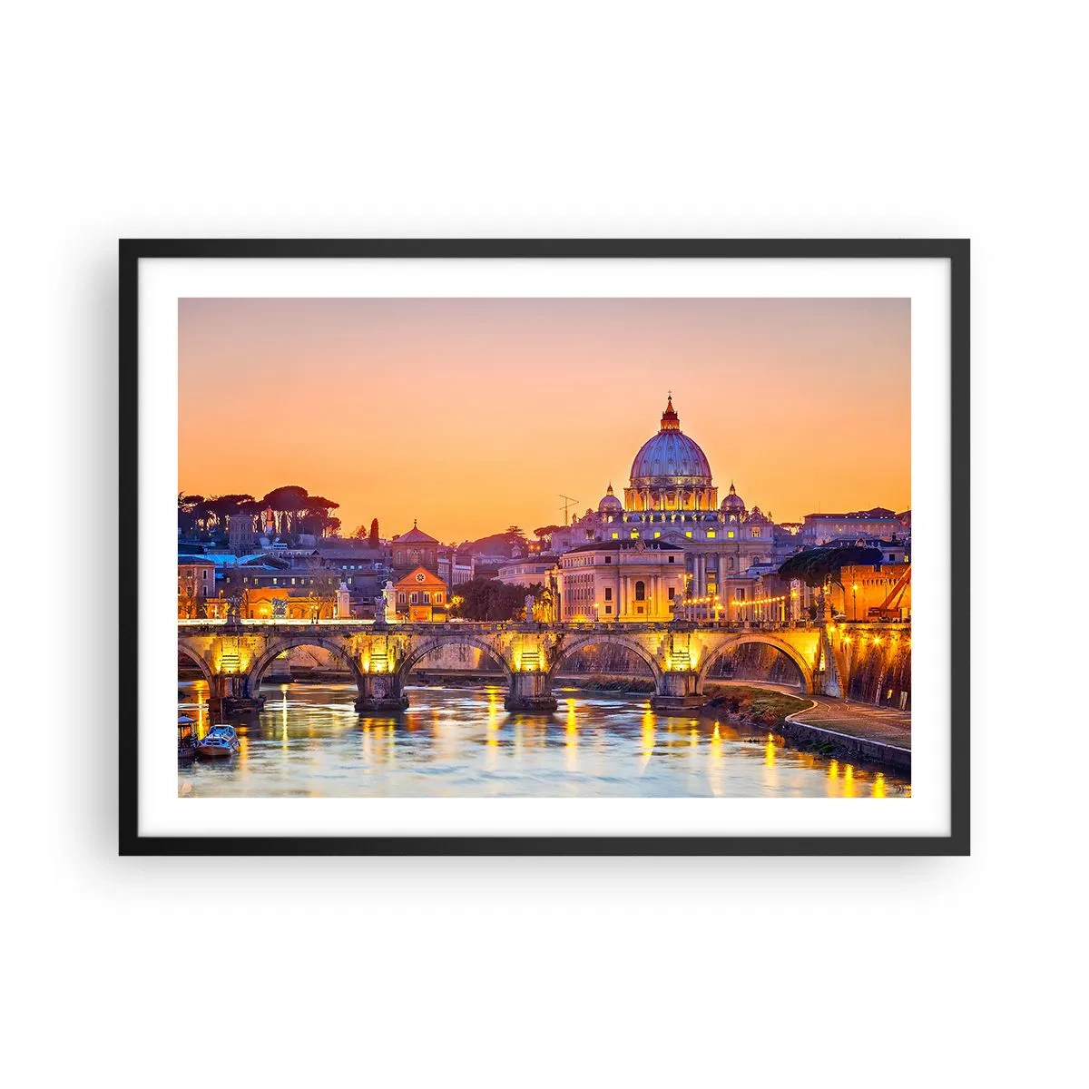 Poster in einem schwarzem Rahmen - Panorama des Vatikans bei Sonnenuntergang mit einer Brücke über den Fluss - 70x50cm - Sonnenuntergang über der ewigen Stadt - Moderne Wanddekoration für Wohnzimmer und Schlafzimmer ARTTOR