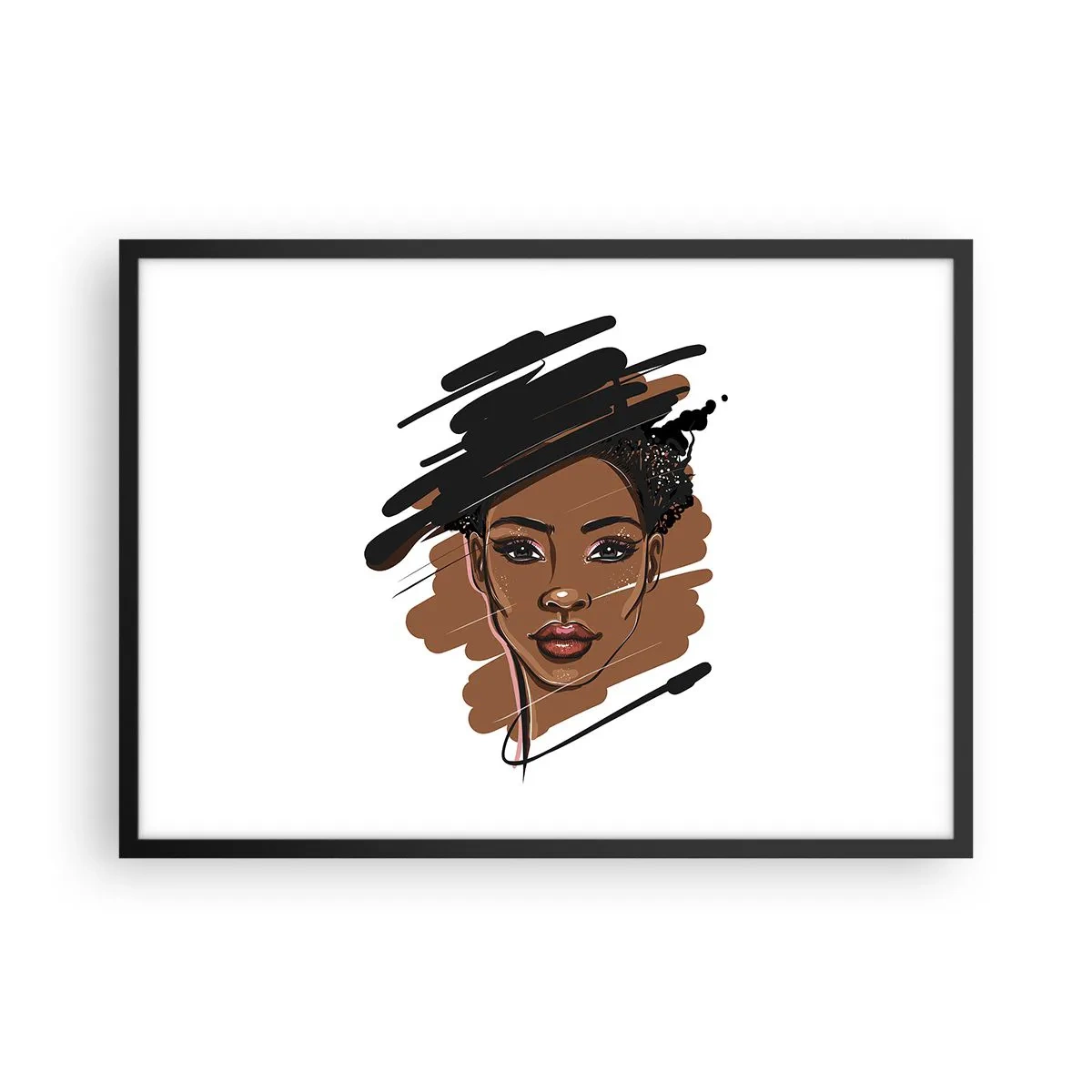 Poster in einem schwarzem Rahmen - Porträt einer Frau mit künstlerischen Pinselstrichen - 70x50cm - Süß wie Schokolade - Moderne Wanddekoration für Wohnzimmer und Schlafzimmer ARTTOR