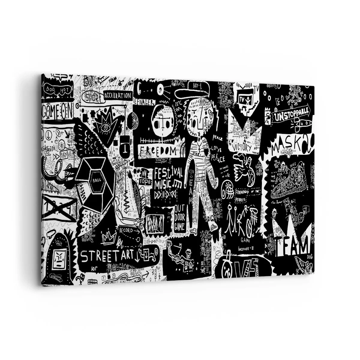 Bild auf Leinwand - Leinwandbild - Von der Straßenkunst inspirierte Schwarz-Weiß-Collage - 120x80cm - Spirituelle Jugend des Gesetzes und der Freude - Moderne Wanddekoration für Wohnzimmer und Schlafzimmer ARTTOR